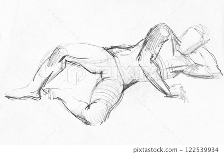 hand-drawn front view of male model lying on side hand-drawn front view of male model lying on side 122539934