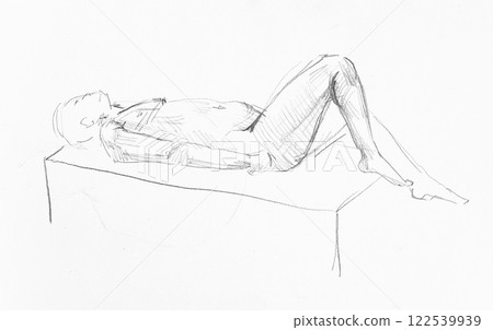 hand-drawn sketch of male model lying on podium hand-drawn sketch of male model lying on podium 122539939