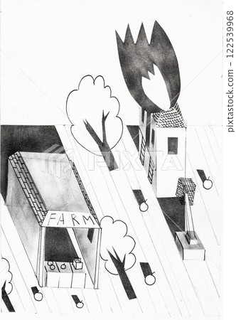 hand drawn farm market, broken trees and fire 122539968
