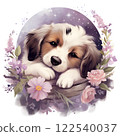 Illustration of a sleeping dog delicate pastel flowers starry night sky. 122540037