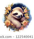 Watercolor Illustration of a sleeping sloth delicate pastel flowers starry night sky. 122540041