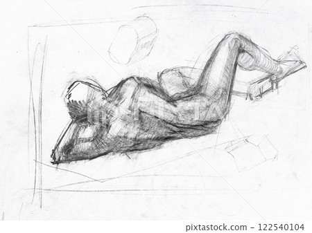 hand-drawn back view of male model lying on side hand-drawn back view of male model lying on side 122540104