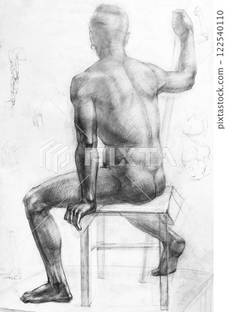 hand-drawn male model from back sitting on stool 122540110