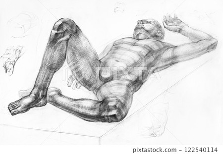 hand-drawn male model lying on his back on podium 122540114