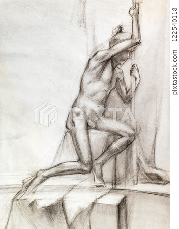 hand-drawn portrait of male model leaning on pole 122540118