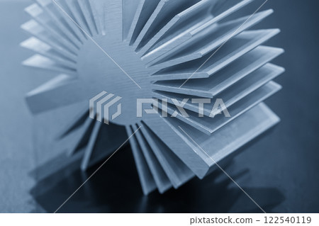 Close up scene the sample parts of aluminum profile extrusion manufacturing concept 122540119