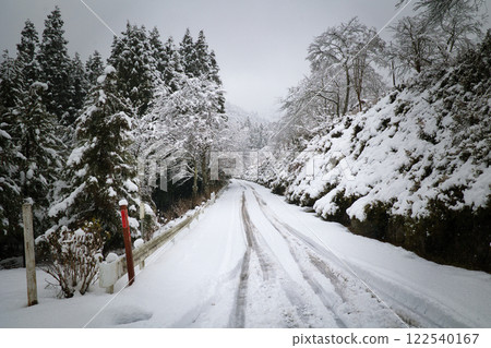 一條滑溜溜的雪路,上面覆蓋著白色的雪花 一條滑溜溜的雪路,上面覆蓋著白色的雪花 122540167
