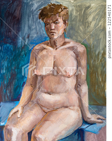hand-painted nude female model sitting on podium hand-painted nude female model sitting on podium 122540171