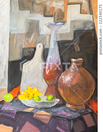 hand-painted still life with vases, cutting board hand-painted still life with vases, cutting board 122540175