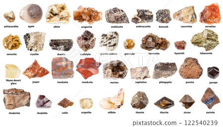red brown raw minerals with names isolated 122540239