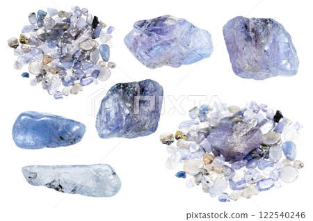 various samples of raw tanzanite minerals isolated 122540246