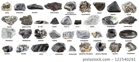 black and gray raw minerals with names isolated 122540291