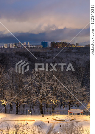 city park and houses on horizon in winter night city park and houses on horizon in winter night 122540315