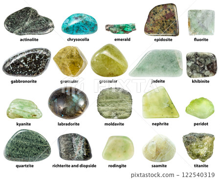 tumbled green minerals with names isolated tumbled green minerals with names isolated 122540319