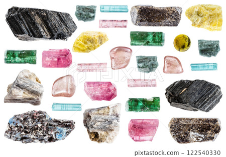 various samples of raw tourmaline mineral isolated various samples of raw tourmaline mineral isolated 122540330
