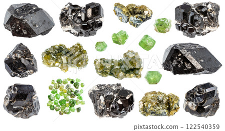 various samples of raw andradite minerals isolated 122540359