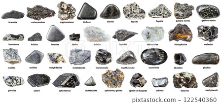 black and gray natural minerals with name isolated 122540360