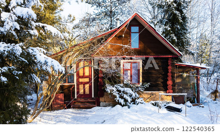 panoramic view of country log house on snowy yard panoramic view of country log house on snowy yard 122540365