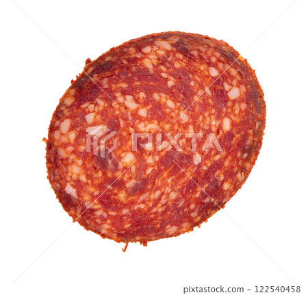 slice of salami with paprika isolated 122540458
