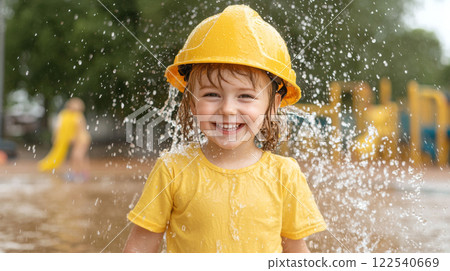 cheerful child wearing yellow helmet and shirt enjoys playing in water splashes outdoors 122540669