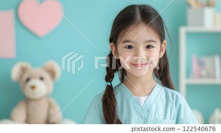 young girl in veterinarian scrubs smiles warmly in playful setting with teddy bear and heart decor 122540676