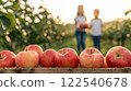 Freshly picked apples in wooden crate with children holding fruits in sunny orchard 122540678