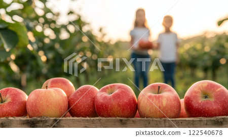 Freshly picked apples in wooden crate with children holding fruits in sunny orchard Freshly picked apples in wooden crate with children holding fruits in sunny orchard 122540678