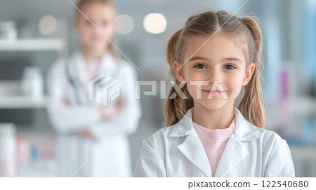 Young girls dressed as scientists in laboratory setting, smiling confidently Young girls dressed as scientists in laboratory setting, smiling confidently 122540680