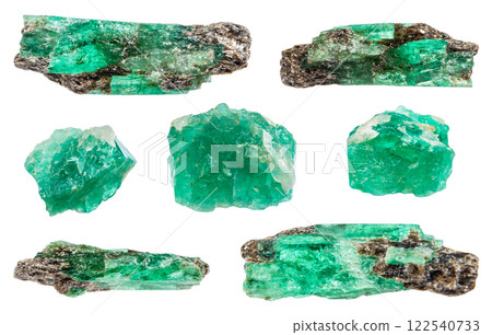 various samples of raw emerald minerals isolated various samples of raw emerald minerals isolated 122540733