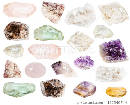 various samples of raw quartz minerals isolated 122540744