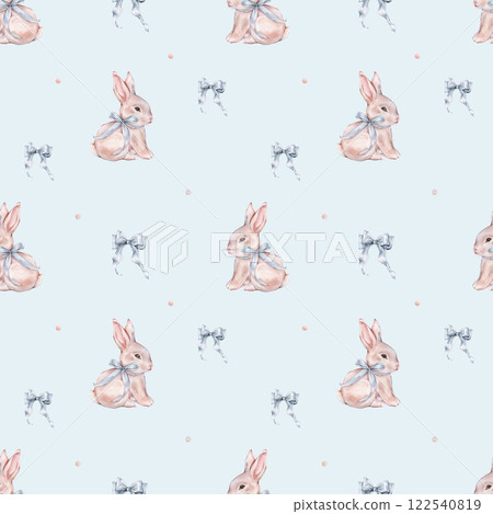Watercolor seamless pattern with cute white rose bunny with blue bow and polka dots. Repeat pattern pastel color with rabbit. Tender watercolor hand drawn illustration for holiday or kids design. 122540819