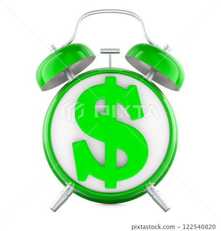 Alarm clock with dollar symbol on clockface. 3D rendering 122540820