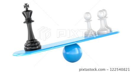 Chess King and pawns on imbalance seesaw. Concept of social inequality. 3D rendering 122540821