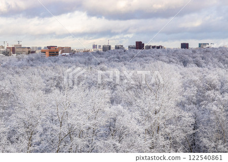 snowy city park under snow clouds after snowing 122540861