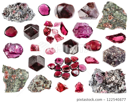 various samples of raw pyrope minerals isolated 122540877