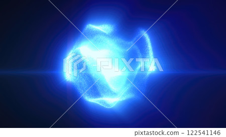 Abstract blue light particles forming a soft sphere shape against a dark background, emitting a radiant glow 122541146