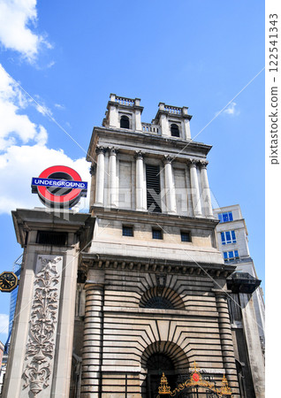 A view of London's famous subway station sign 122541343