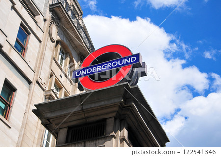 A view of London's famous subway station sign 122541346