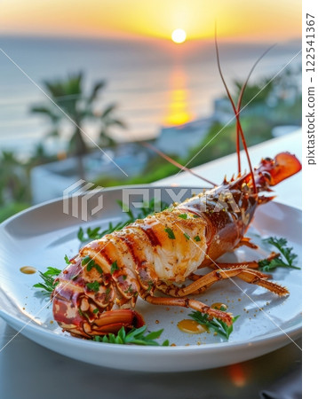 Gourmet lobster meal fine dining sunset ocean view luxurious food vacation premium quality 122541367