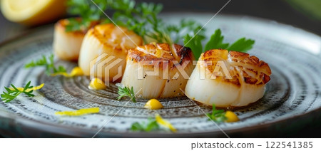 Grilled Seared scallops appetizer gourmet food seafood restaurant cuisine fine dining delicious 122541385