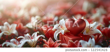 Heart symbol and gift box surrounded by flowers love romance Valentine day celebration affection 122541428