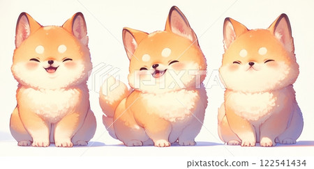 Three cute Shiba Inu dogs cartoon illustration adorable happy playful pets 122541434