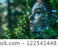 Woman in greenery nature connected luminous digital skin beauty serene expression. 122541448