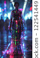 Woman wearing digital dress neon lights technology fashion futuristic city background. 122541449