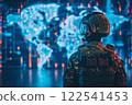 Soldier with tech gear map backdrop military operation global security view. 122541453