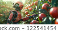 Farm robot harvests tomatoes agriculture automation technology crop yield futuristic. 122541454