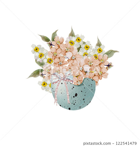 Easter decor with flowers in tender colors. Watercolor vintage style. Easter decor with flowers in tender colors. Watercolor vintage style. 122541479