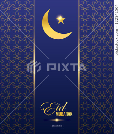 Golden Eid Mubarak Banner and Poster Template With Crescent Moon and Illuminated Star Islamic Ornament. Islamic Holiday Greeting Card 122541504