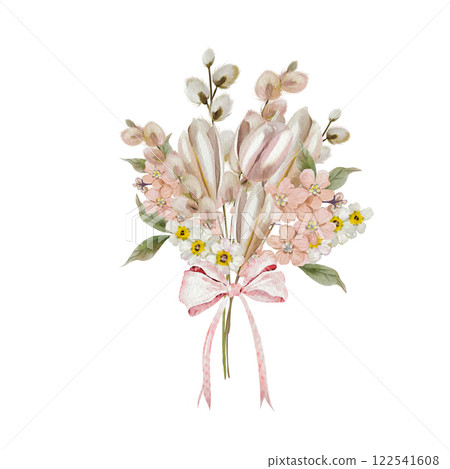 Easter bouquets with flowers in tender colors. Watercolor vintage style. Easter bouquets with flowers in tender colors. Watercolor vintage style. 122541608