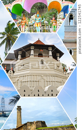 Architectural sights of Sri Lanka: lighthouses, temples, fort. Bright photo collage. 122541745